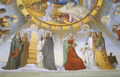 Abóbada do quarto de Dante, detalhe: Dante, Beatrice, Imperatriz Constance, o Clarissa Piccarda Romeo de Villanova e Imperador Justiniano